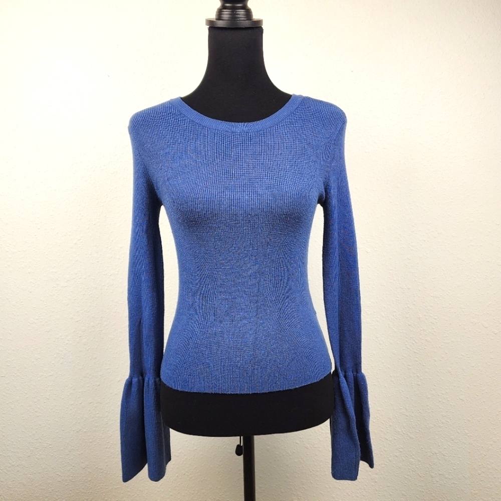 Gianni Bini Ribbed Knit Blue Pullover Sweater with Flared Bell Sleeves Size XS
